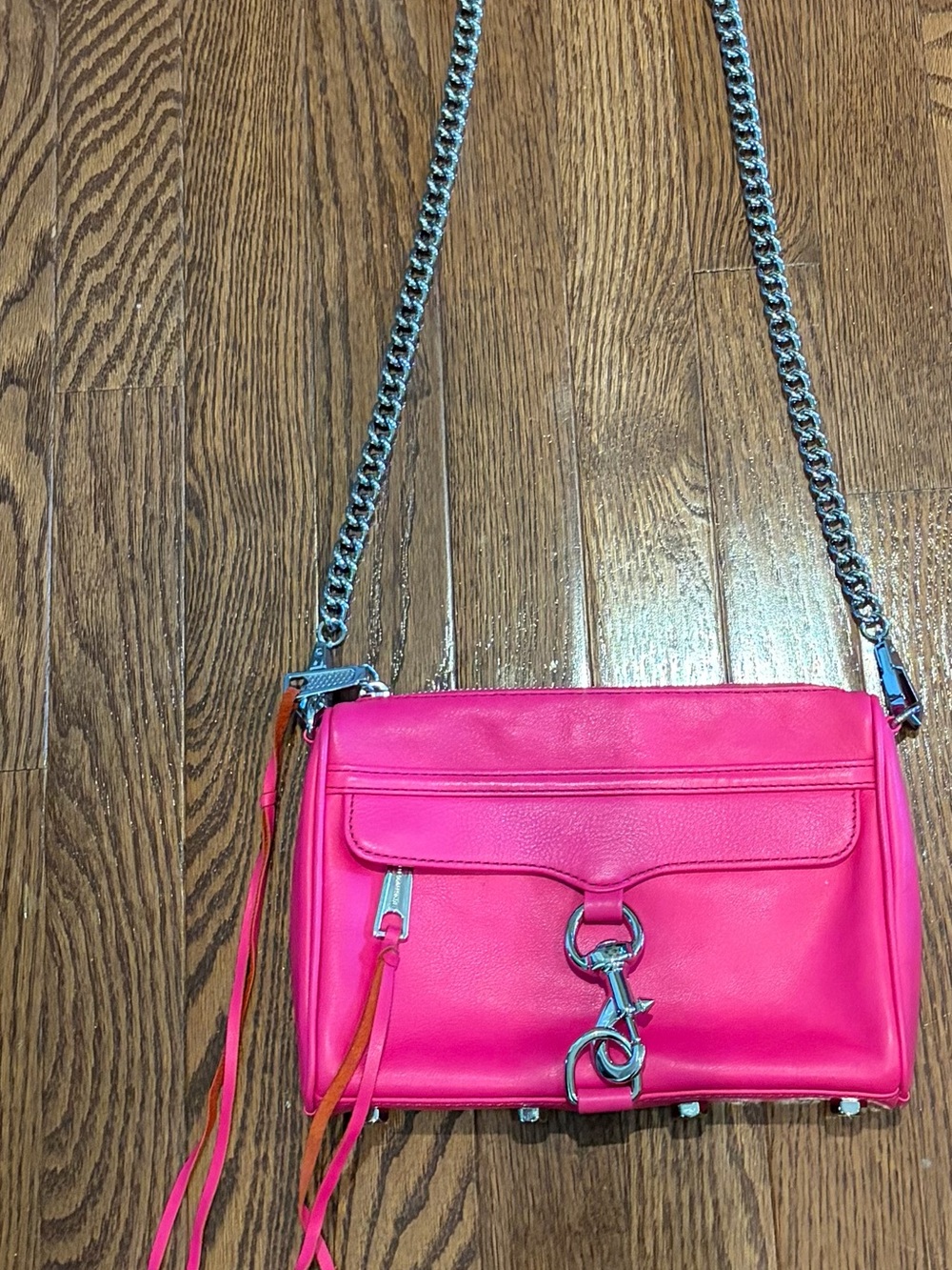 Rebecca Minkoff Hot Pink Leather Mini Crossbody with Silver Chain